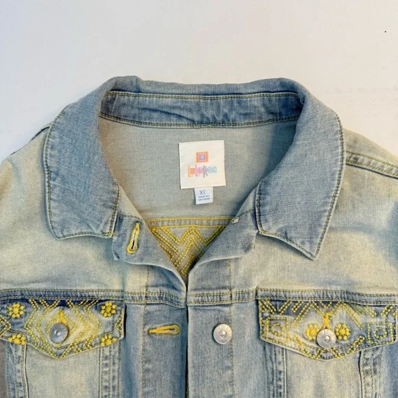 LuLaRoe Jaxon Denim Jacket‎ XL Light Wash Yellow Embroidered Boho Trucker Jean - Picture 4 of 13